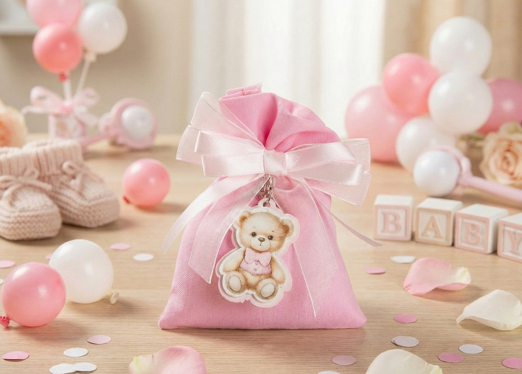 Set sacchettino rosa porta confetti da 5 pz bomboniera per nascita, battesimo, Harmony STNB26091