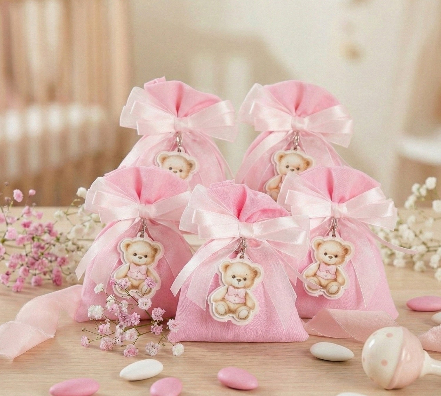 Set sacchettino rosa porta confetti da 5 pz bomboniera per nascita, battesimo, Harmony STNB26091