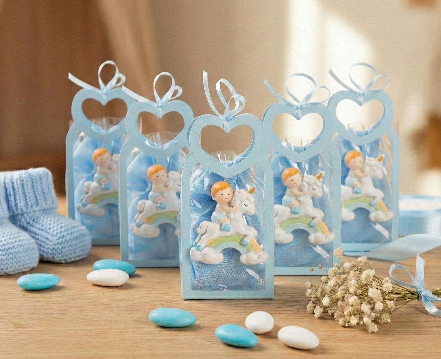 Set borsettina trasparente e celeste porta confetti da 5 pz bomboniera per nascita, battesimo, Harmony STNB26096