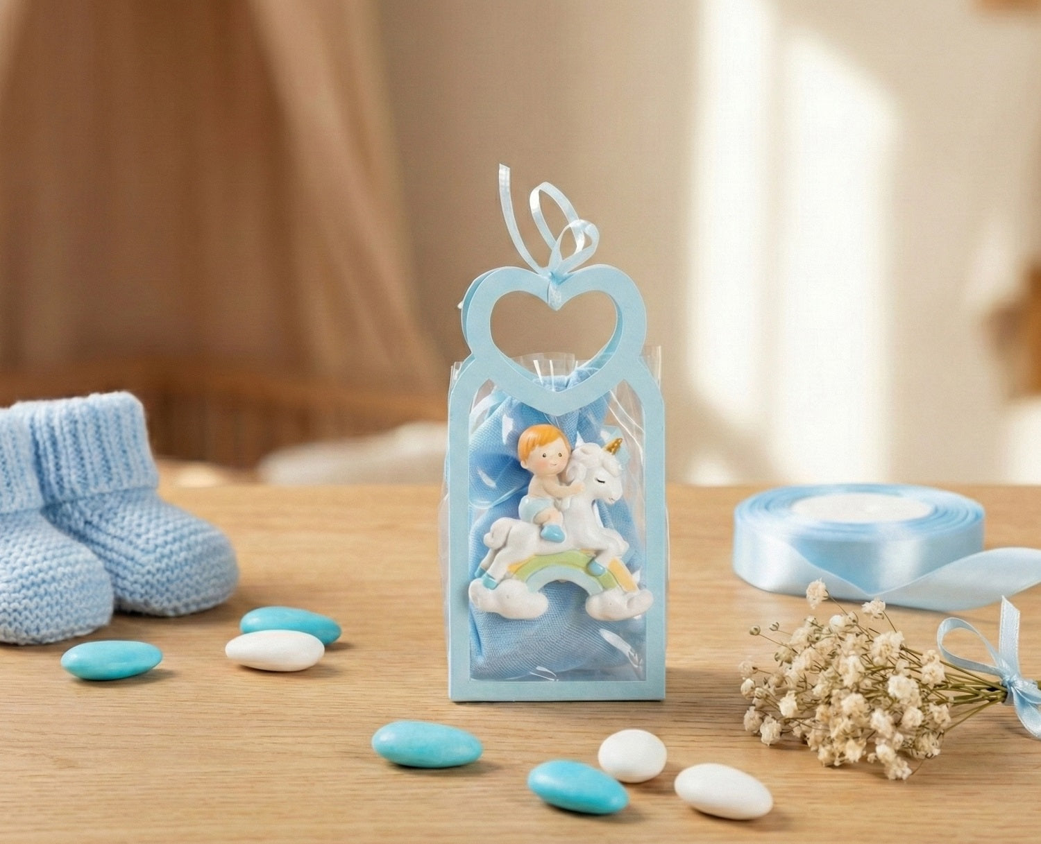 Set borsettina trasparente e celeste porta confetti da 5 pz bomboniera per nascita, battesimo, Harmony STNB26096