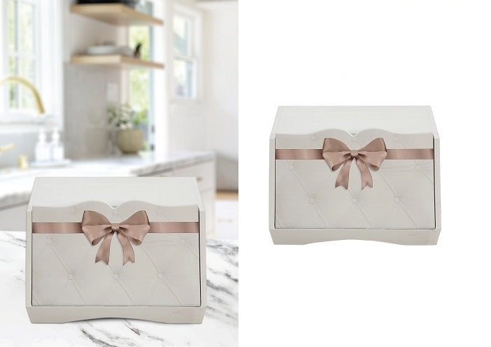 Portapane in legno moderno elegante bianco decorato, Cassetta Portapane da Cucina coll. fiocco (TORTORA T1008TT)