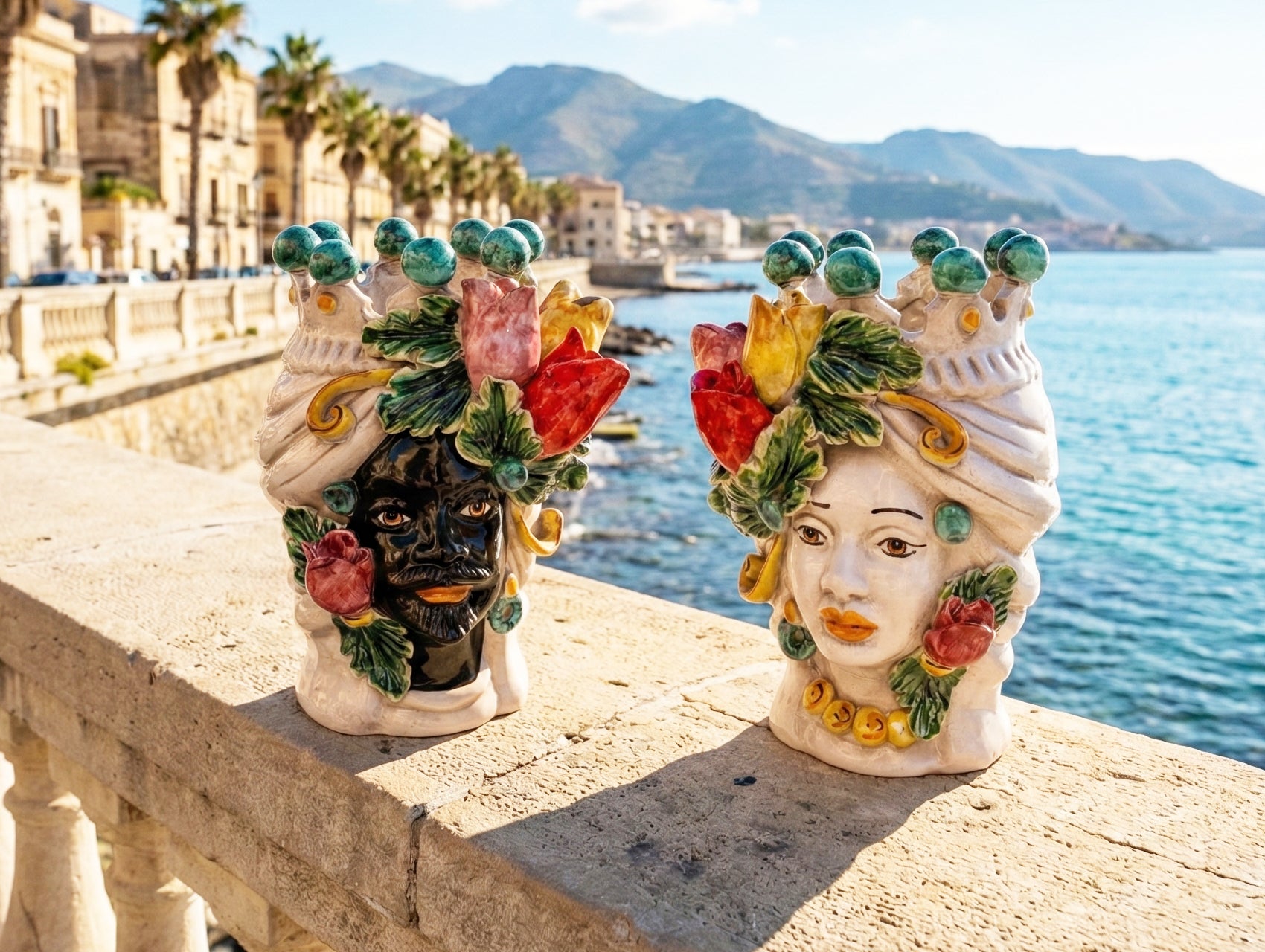 Pair of Sicilian ceramic Moor's heads from Caltagirone h20cm art. colored tulips 
