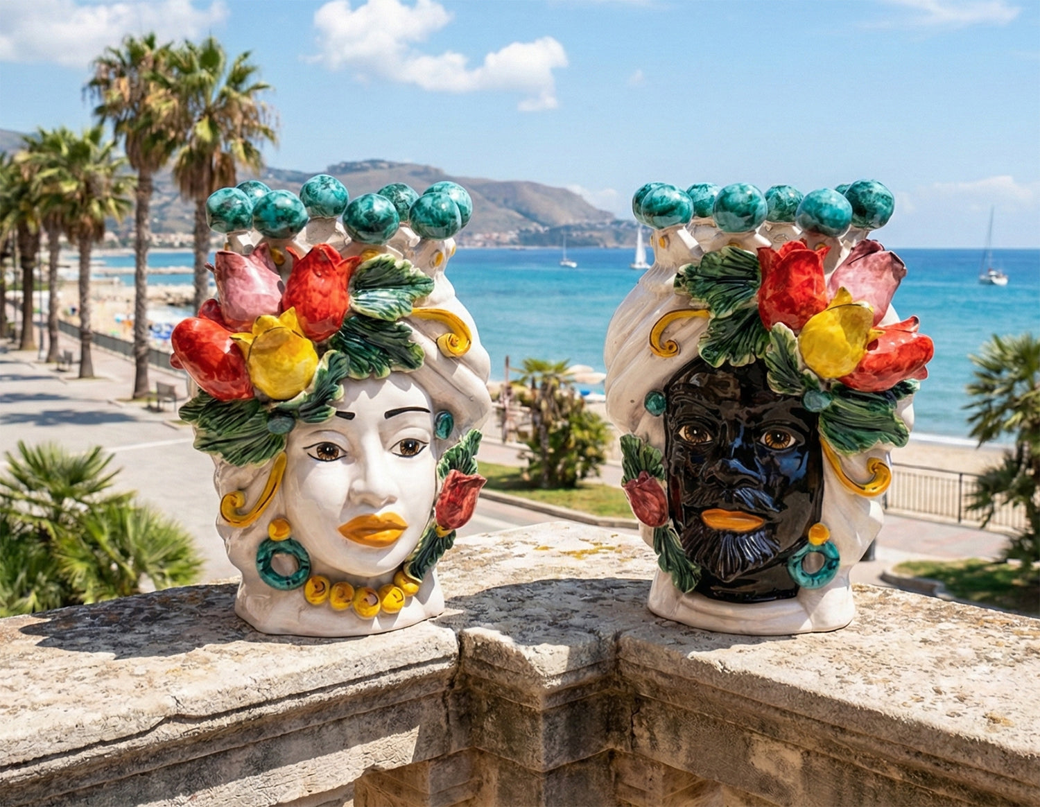 Pair of Sicilian ceramic Moor's heads from Caltagirone h30cm art. colored tulips 