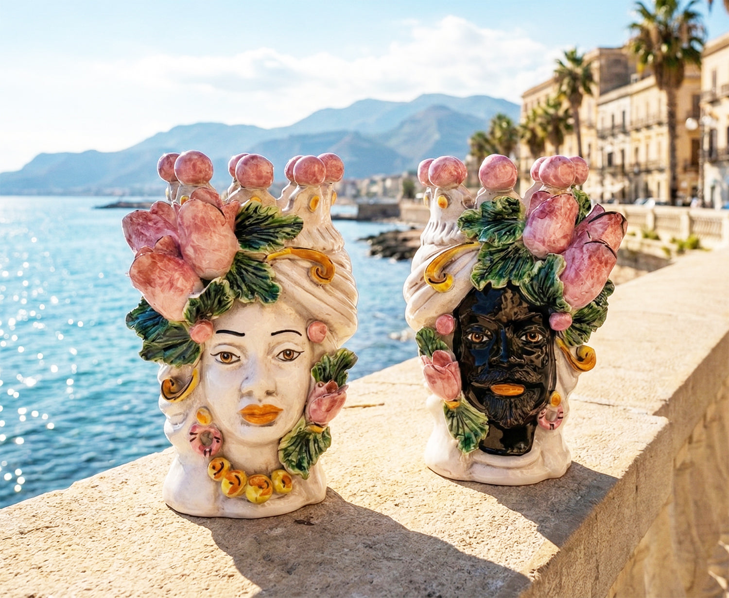 Pair of Sicilian ceramic Moor's heads from Caltagirone h20cm art. pink tulips 