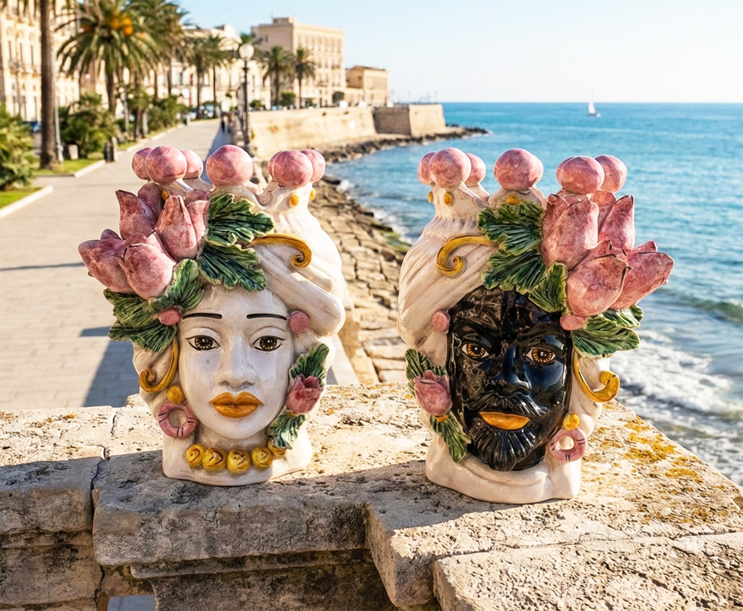 Pair of Sicilian ceramic Moor's heads from Caltagirone h30cm art. pink tulips