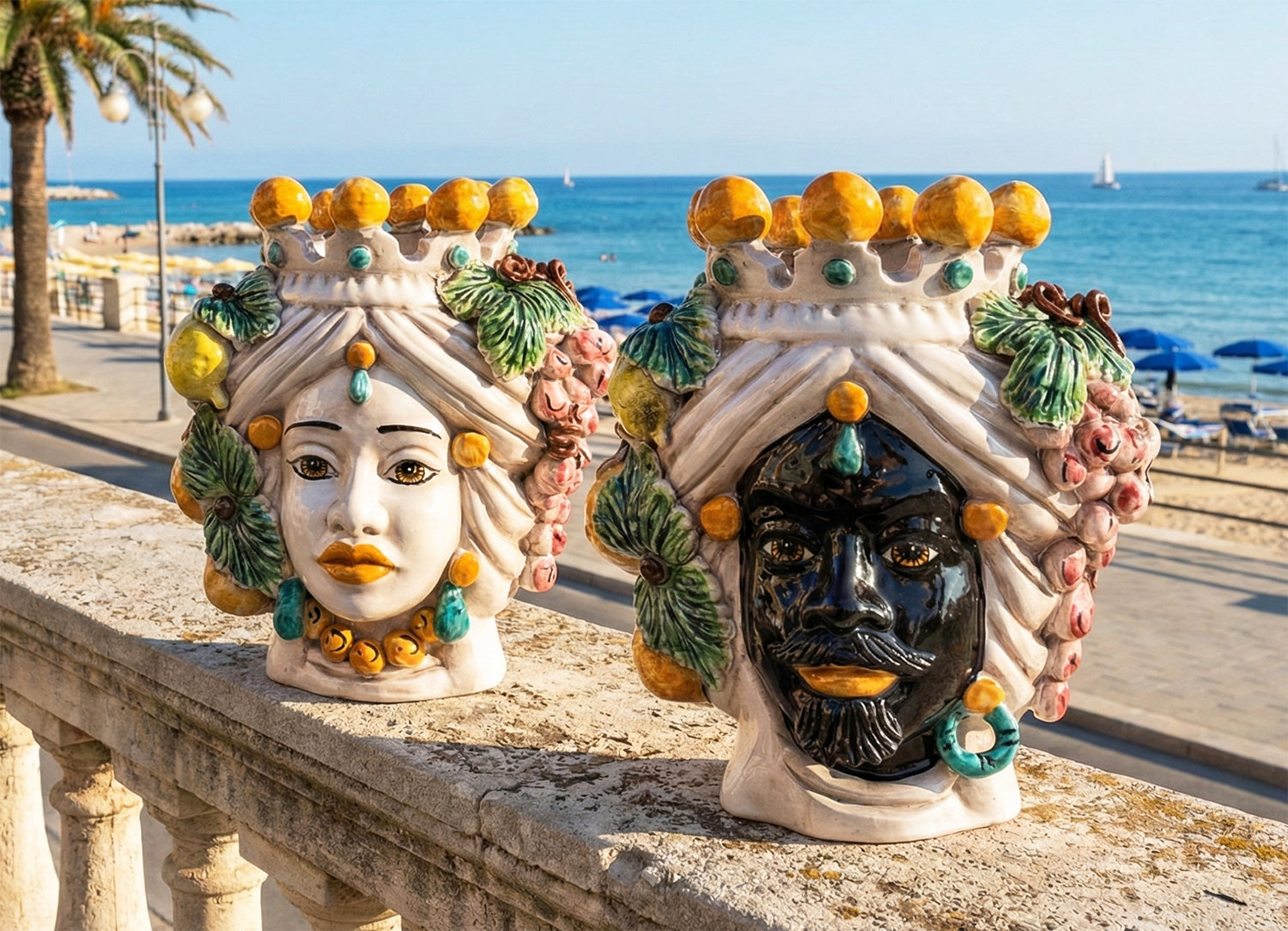 Pair of Sicilian ceramic Moor's heads from Caltagirone h30cm art. grape 