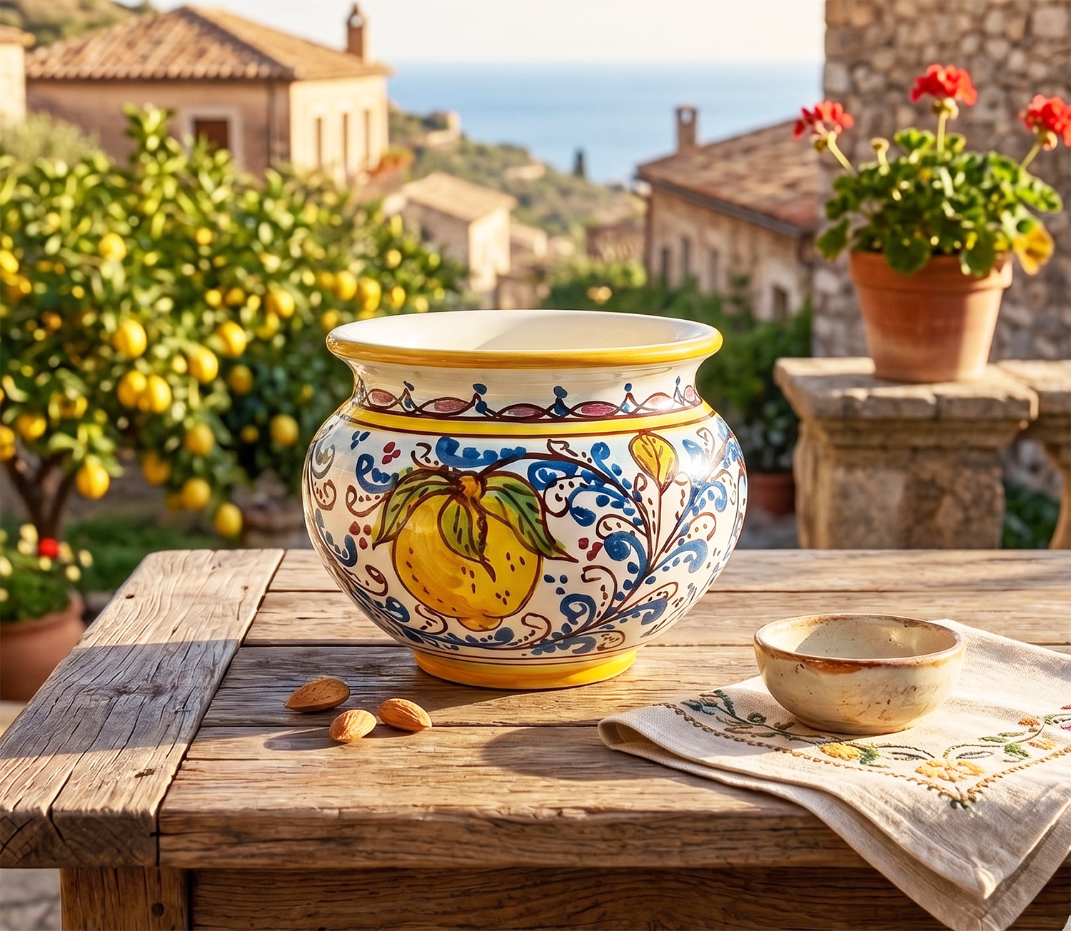 Cachepot vaso in ceramica siciliana realizzato e decorato a mano art. fiore limoni D 15