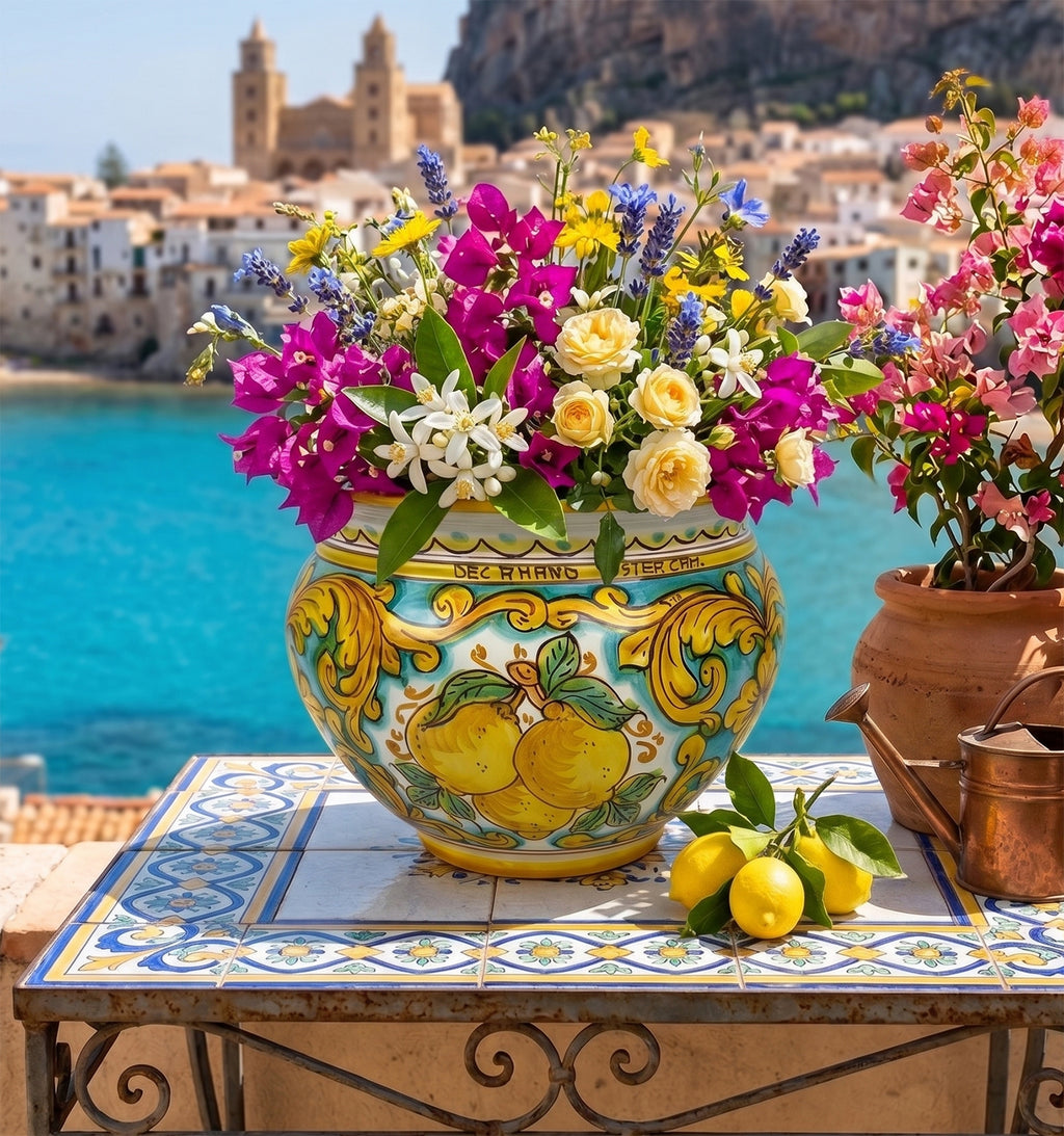 Cachepot vaso in ceramica siciliana realizzato e decorato a mano art. limoni D 28