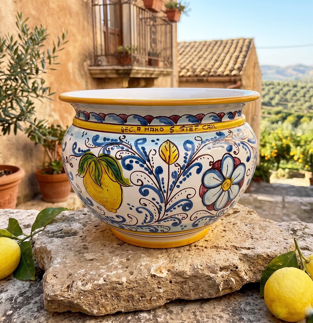 Cachepot vaso in ceramica siciliana realizzato e decorato a mano art. fiore limoni D 28