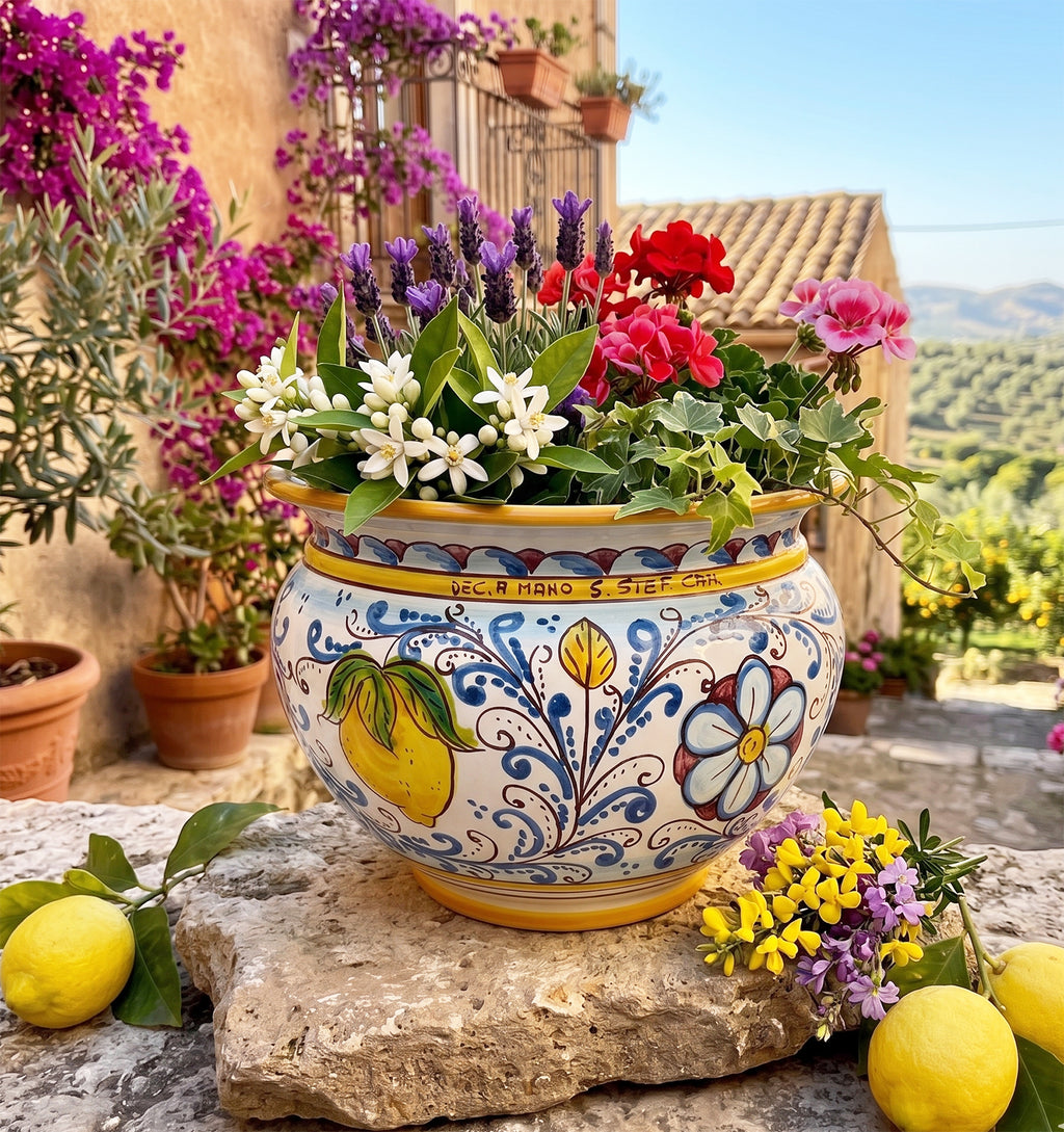Cachepot vaso in ceramica siciliana realizzato e decorato a mano art. fiore limoni D 28