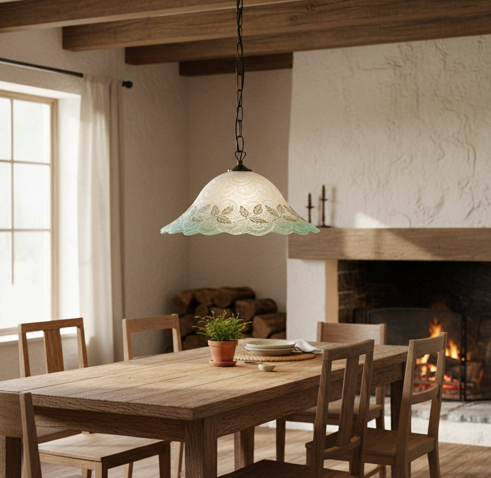 Lampadario a Sospensione Ingresso Classico in Vetro, 1 Luce, per Cucina, Bagno, Camera, Soggiorno, Scala, Corridoio art. foglie verde