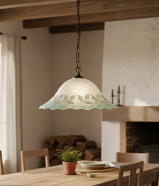 Lampadario a Sospensione Ingresso Classico in Vetro, 1 Luce, per Cucina, Bagno, Camera, Soggiorno, Scala, Corridoio art. foglie verde