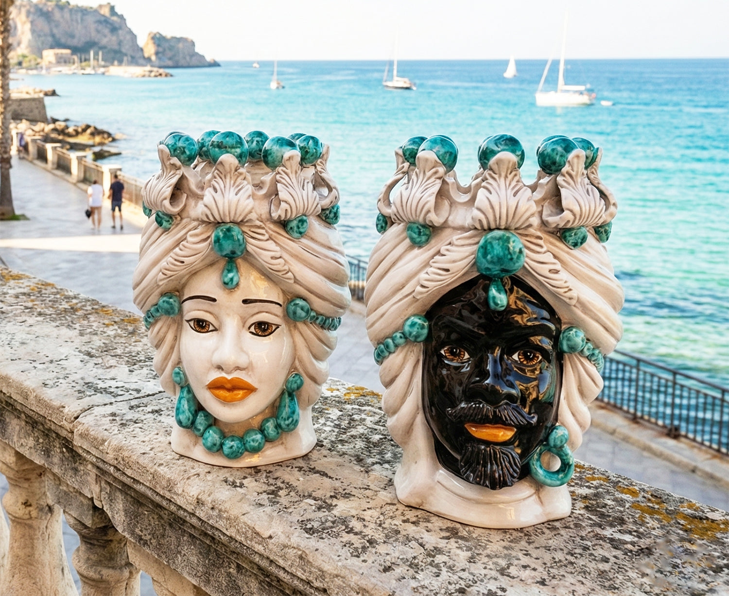 Pair of Sicilian ceramic Moor's heads from Caltagirone h30cm art. aquamarine 
