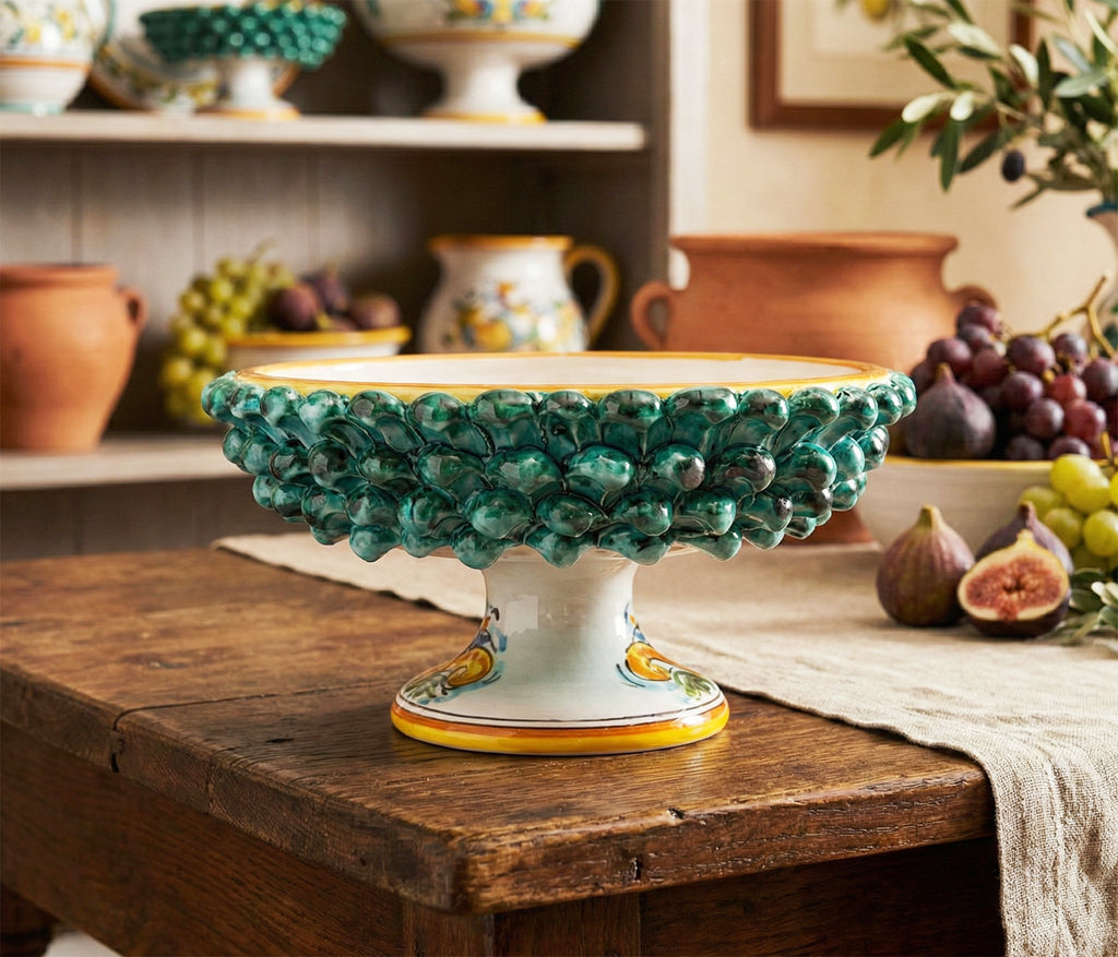 Large half pine cone stand in Sicilian ceramic from Caltagirone, hand-made and decorated, green 