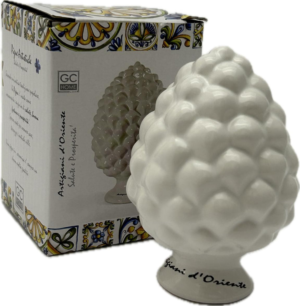 Sicilian pine cone dove gray silver base hand made and decorated resin h19cm VL