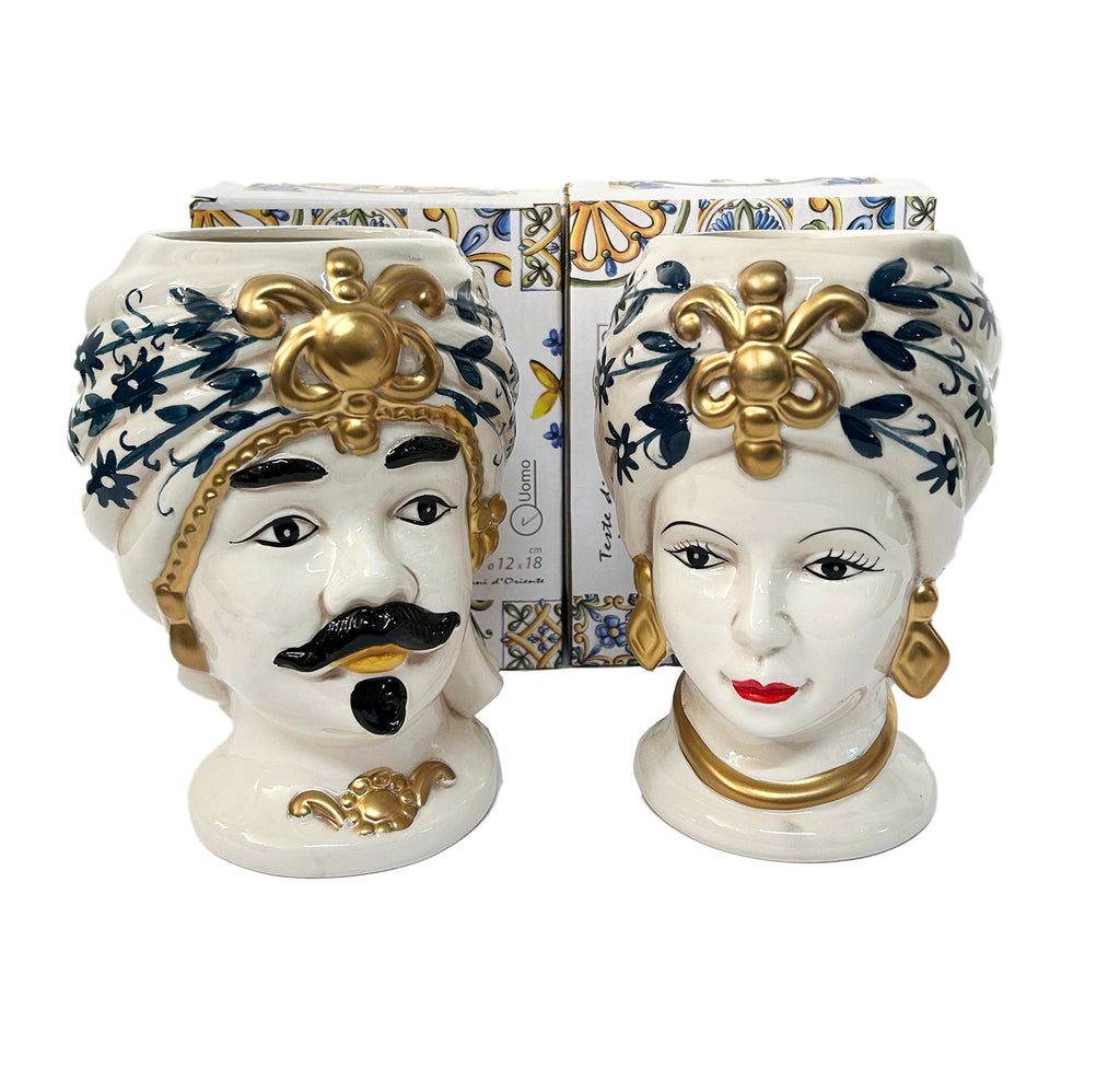 Coppia teste di moro regina e re in ceramica decorata stile siciliano vasi moderni gic (12 X H 18 CM, Oro)