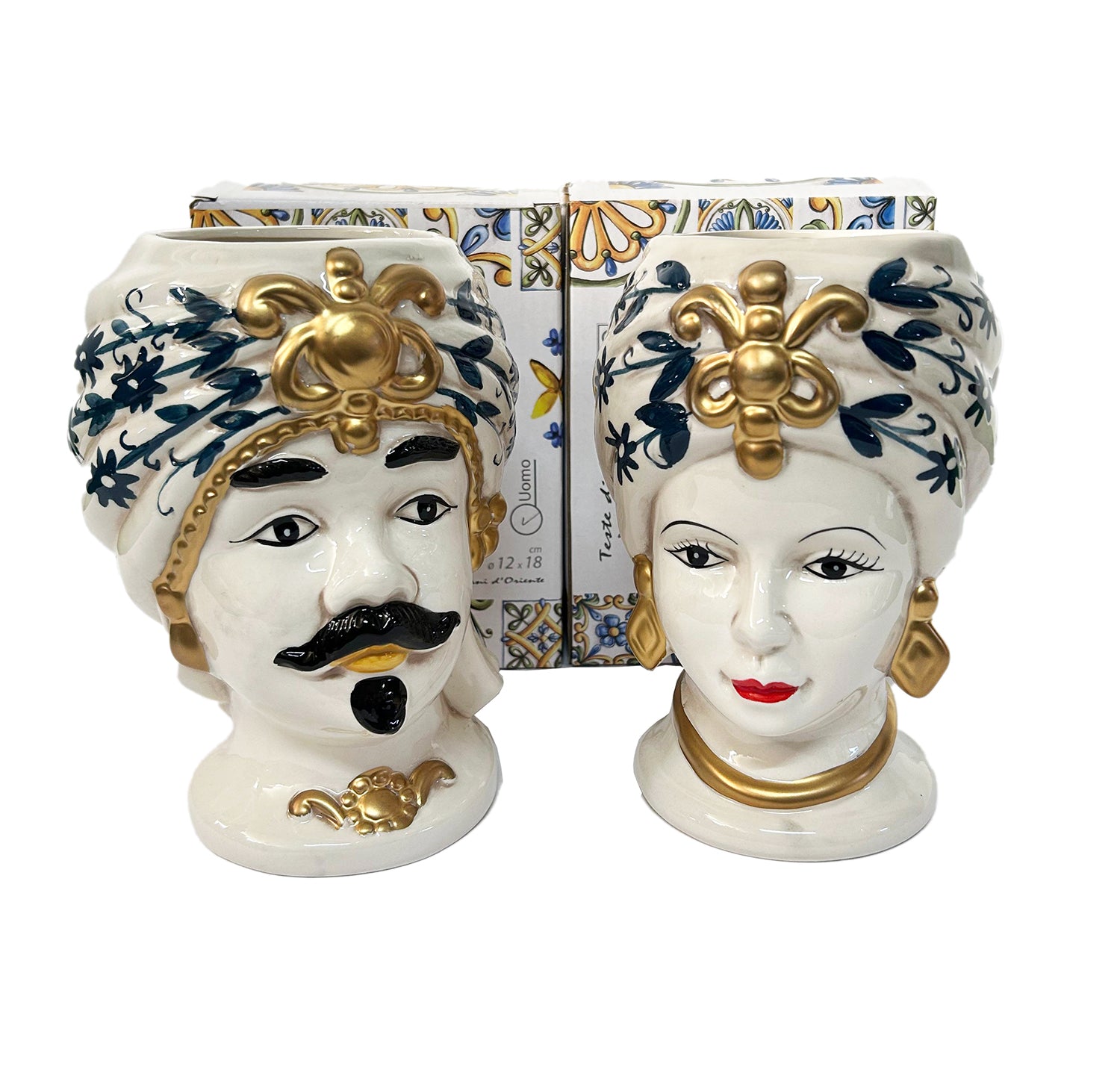 ILAB Pair of Moorish Heads Queen and King in Sicilian Ceramic Hand Decorated Blue and Gold Modern gic h25cm 