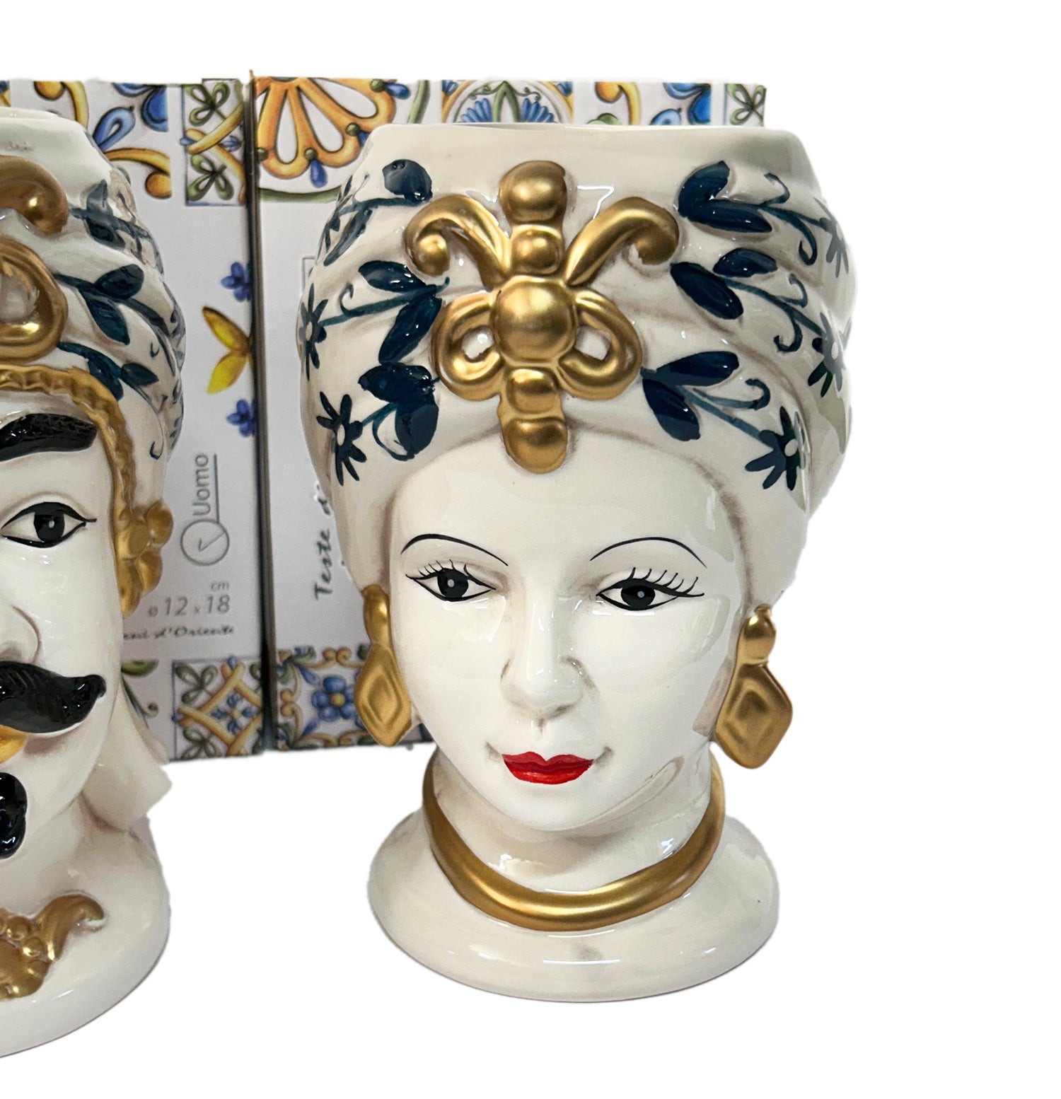 ILAB Pair of Moorish Heads Queen and King in Sicilian Ceramic Hand Decorated Blue and Gold Modern gic h25cm 