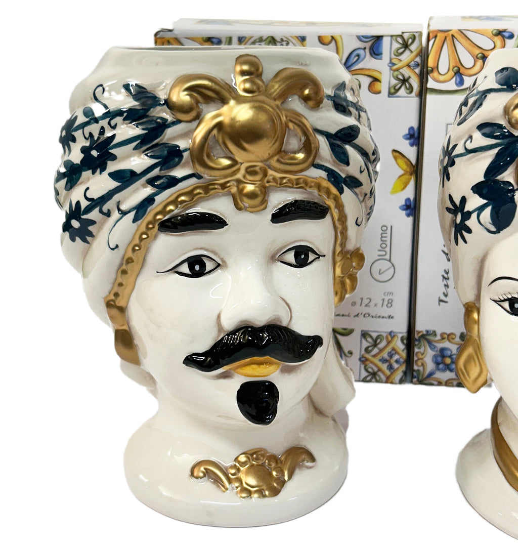 Coppia teste di moro regina e re in ceramica decorata stile siciliano vasi moderni gic (12 X H 18 CM, Oro)