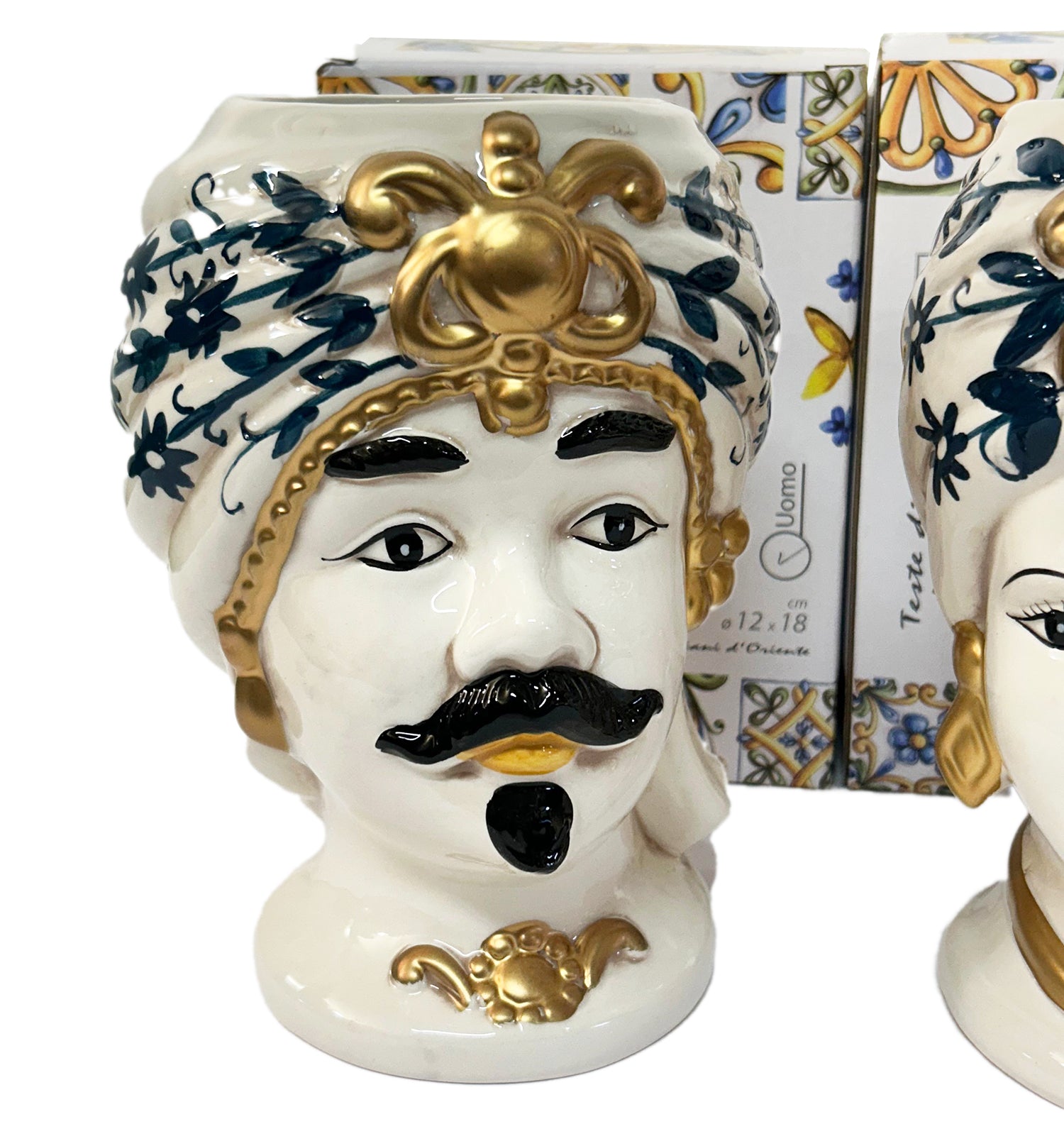 ILAB Pair of Moorish Heads Queen and King in Sicilian Ceramic Hand Decorated Blue and Gold Modern gic h25cm 