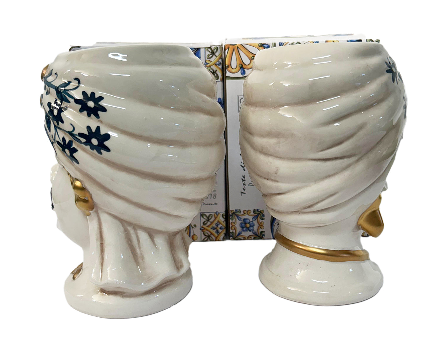 ILAB Pair of Moorish Heads Queen and King in Sicilian Ceramic Hand Decorated Blue and Gold Modern gic h25cm 