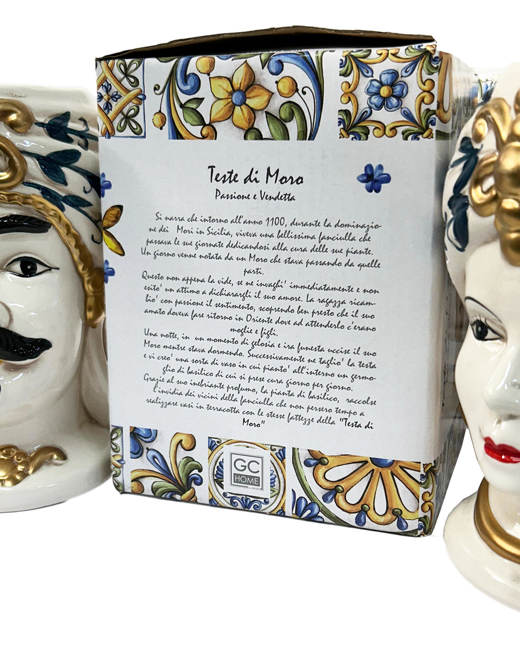 Coppia teste di moro regina e re in ceramica decorata stile siciliano vasi moderni gic (12 X H 18 CM, Oro)