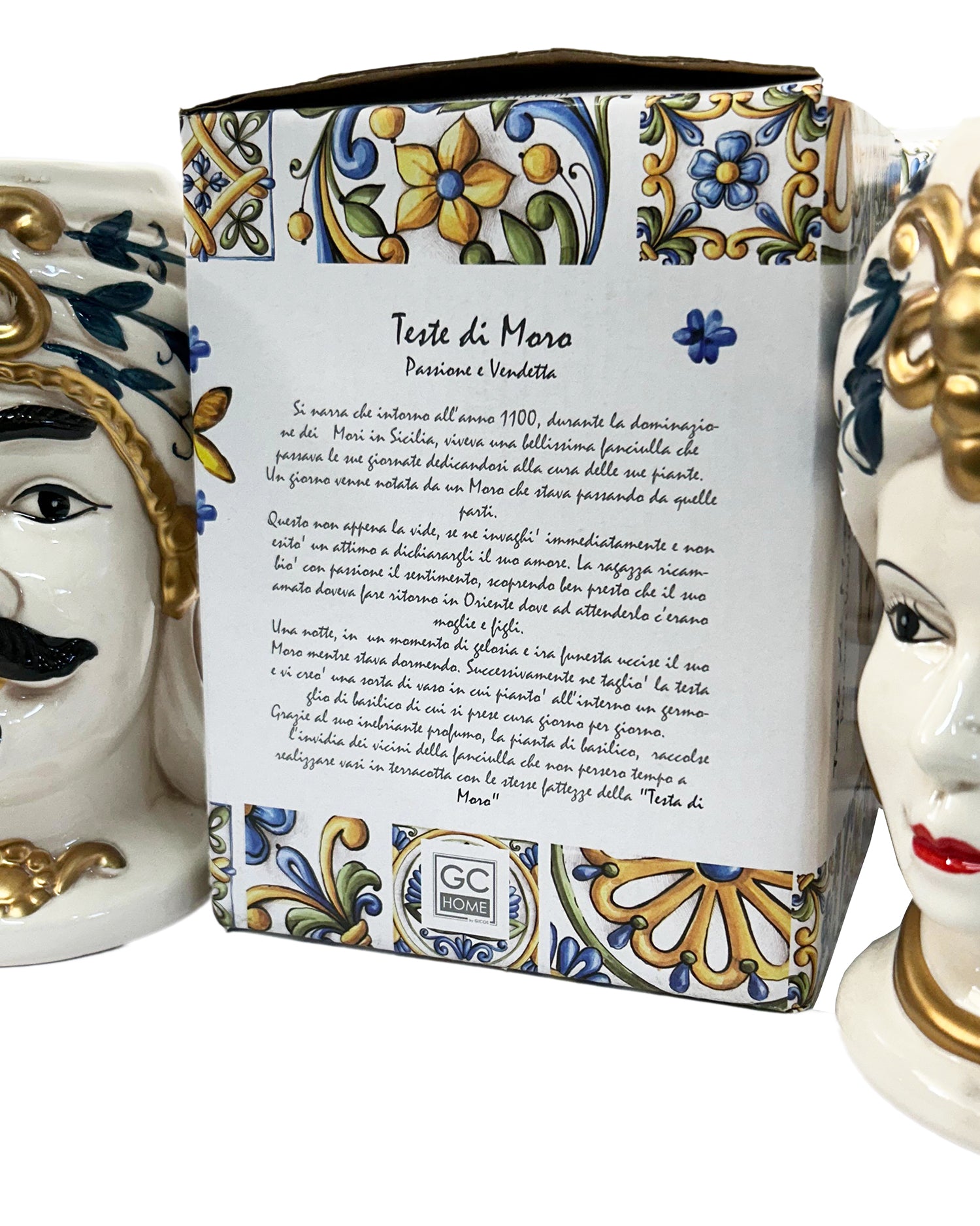 ILAB Pair of Moorish Heads Queen and King in Sicilian Ceramic Hand Decorated Blue and Gold Modern gic h25cm 