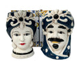 Coppia teste di moro regina e re in ceramica decorata stile siciliano vasi moderni gic (12 X H 18 CM, Blu)