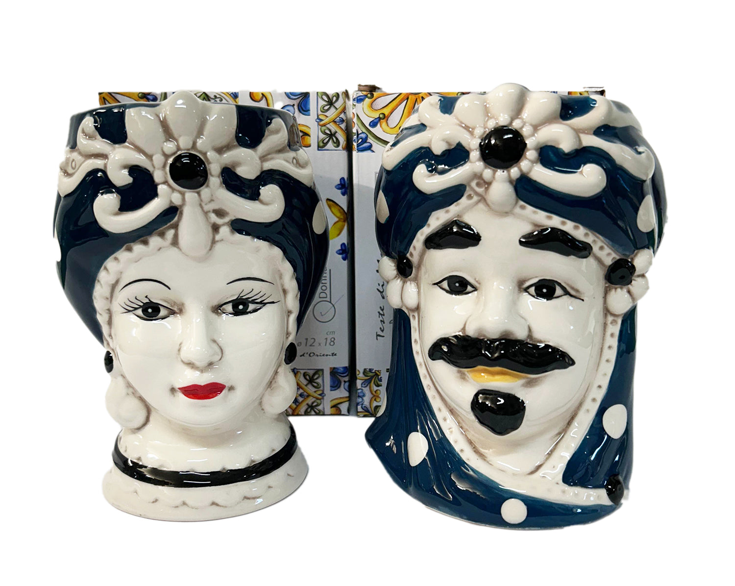 ILAB Pair of Moorish Heads Queen and King in Sicilian Ceramic Hand Decorated Blue and Gold Modern gic h25cm 