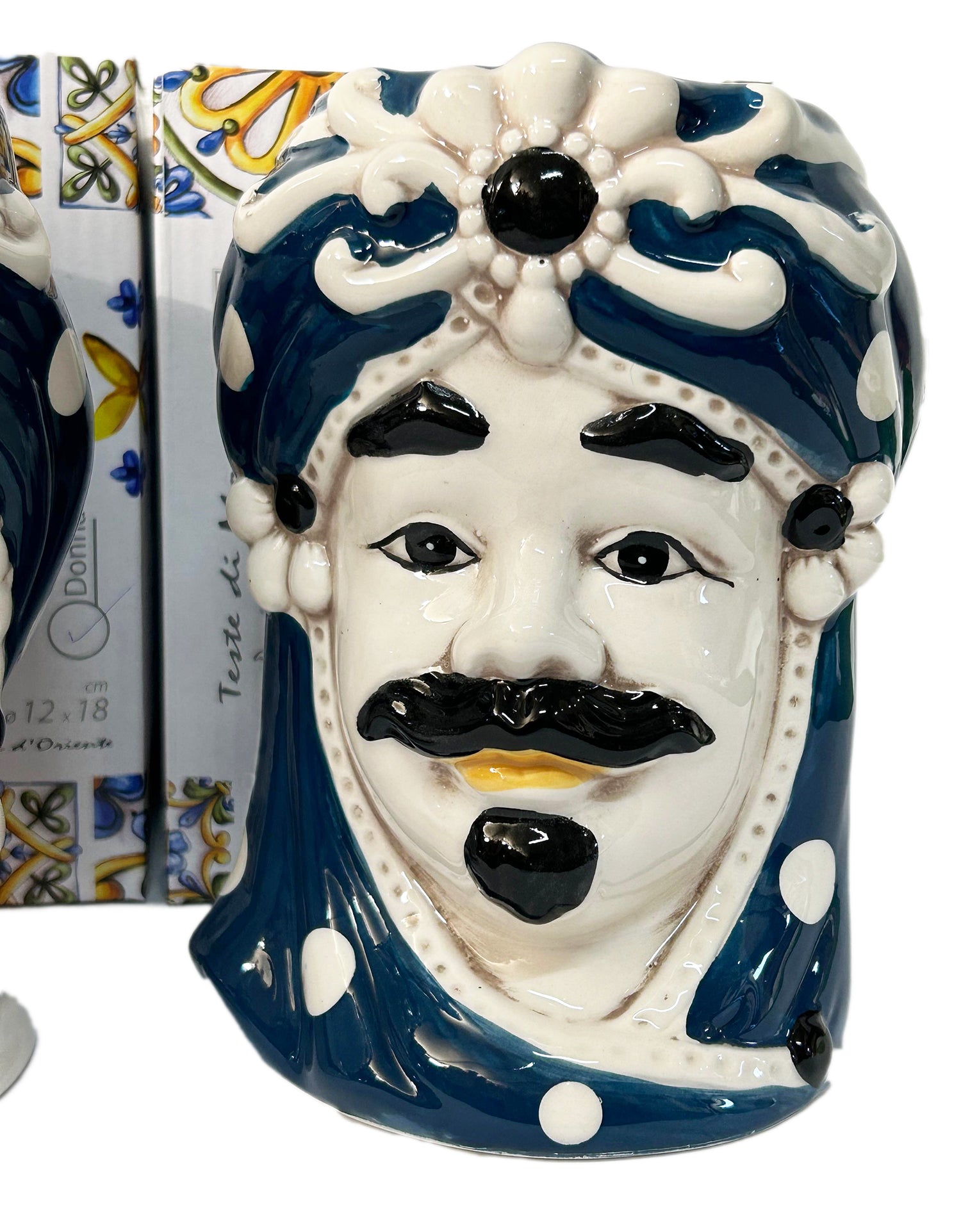 ILAB Pair of Moorish Heads Queen and King in Sicilian Ceramic Hand Decorated Blue and Gold Modern gic h25cm 