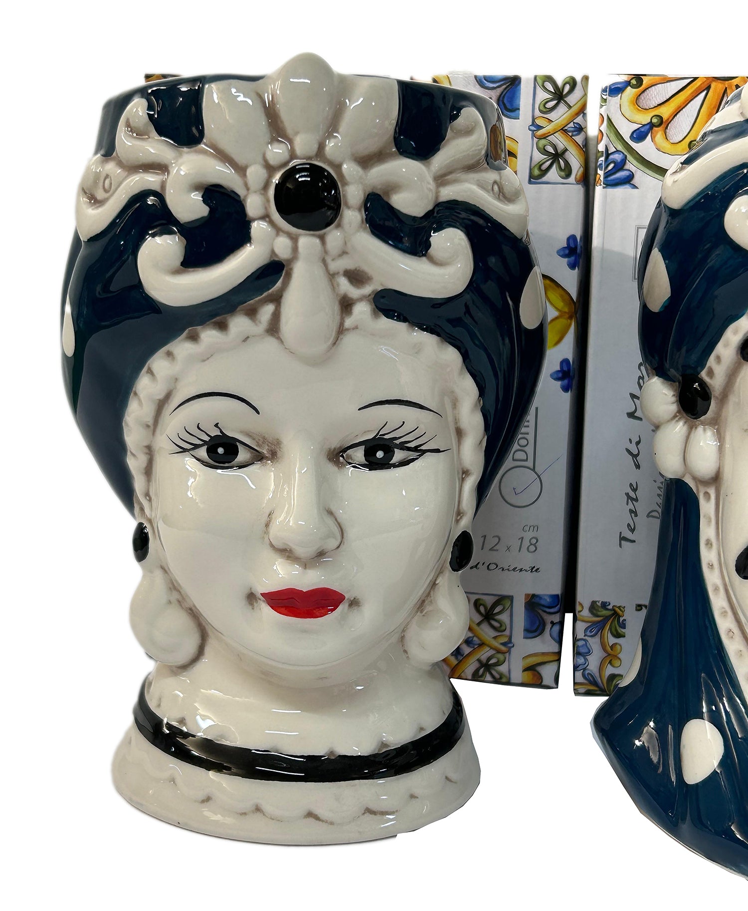 ILAB Pair of Moorish Heads Queen and King in Sicilian Ceramic Hand Decorated Blue and Gold Modern gic h25cm 