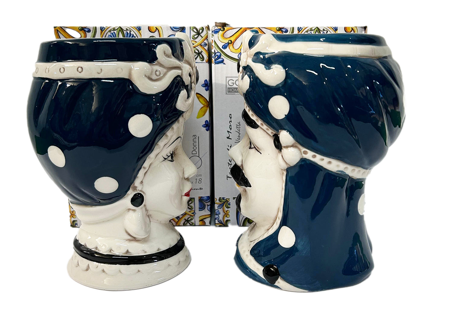 Coppia teste di moro regina e re in ceramica decorata stile siciliano vasi moderni gic (12 X H 18 CM, Blu)