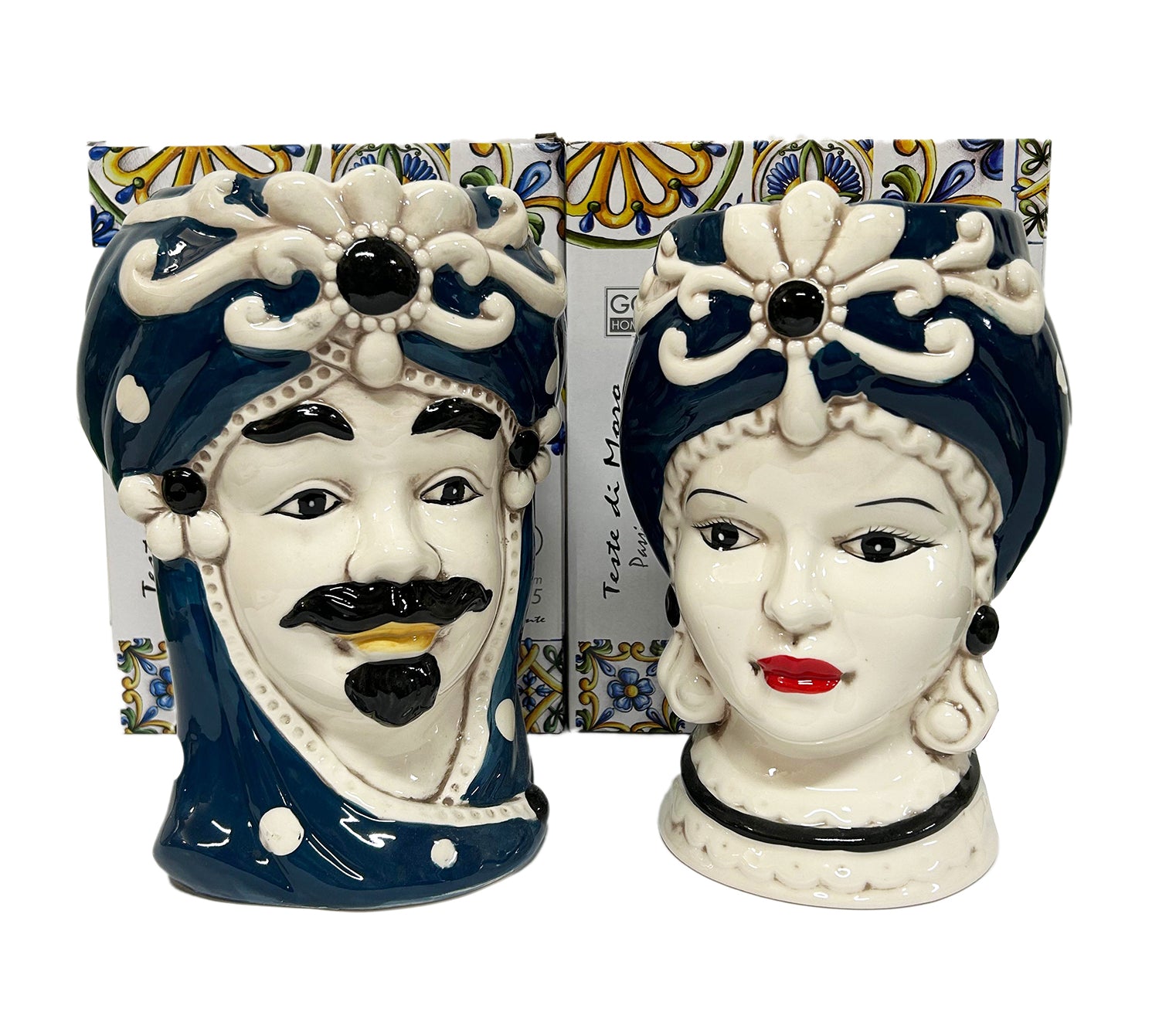 ILAB Pair of Moorish Heads Queen and King in Sicilian Ceramic Hand Decorated Blue and Gold Modern gic h25cm 