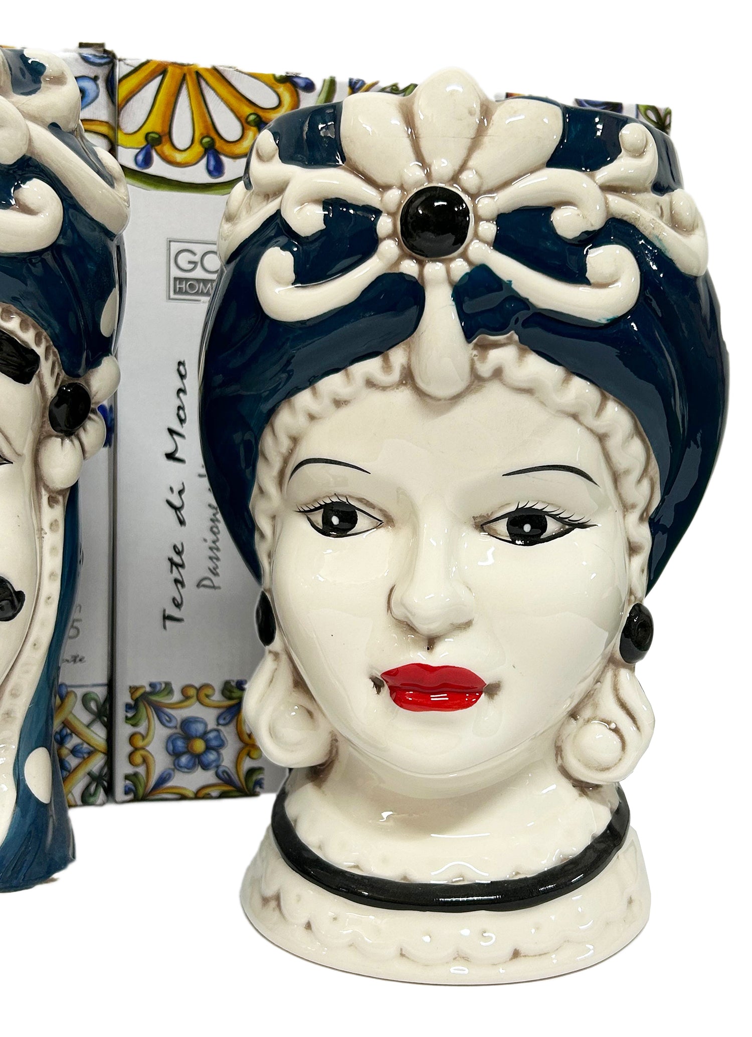 ILAB Pair of Moorish Heads Queen and King in Sicilian Ceramic Hand Decorated Blue and Gold Modern gic h25cm 