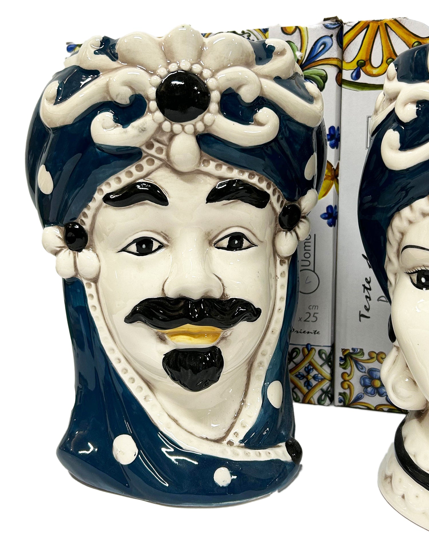 ILAB Pair of Moorish Heads Queen and King in Sicilian Ceramic Hand Decorated Blue and Gold Modern gic h25cm 