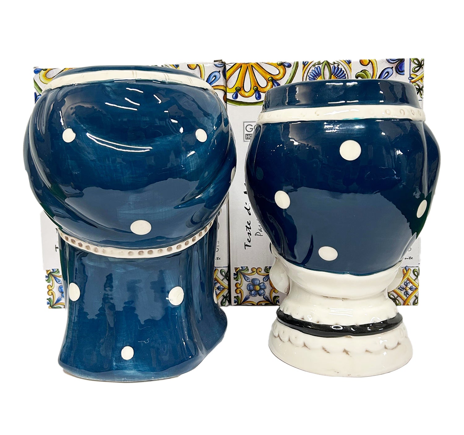 ILAB Pair of Moorish Heads Queen and King in Sicilian Ceramic Hand Decorated Blue and Gold Modern gic h25cm 
