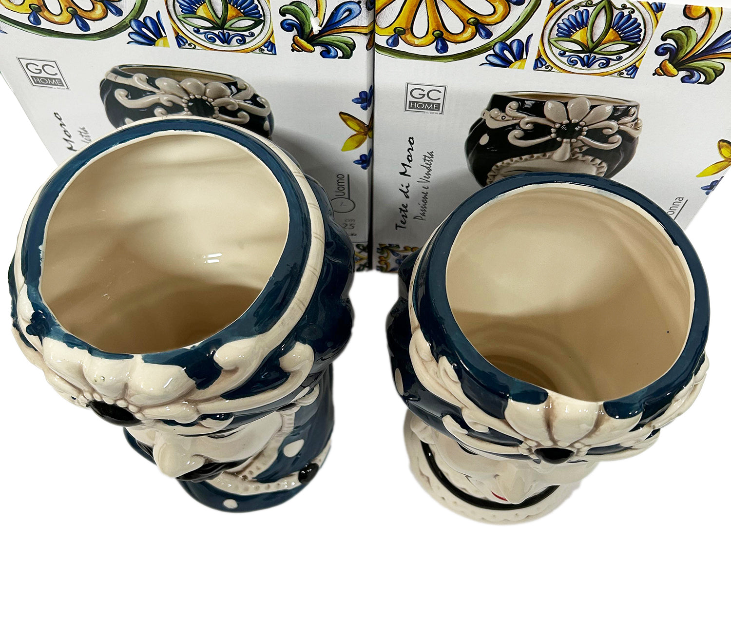 ILAB Pair of Moorish Heads Queen and King in Sicilian Ceramic Hand Decorated Blue and Gold Modern gic h25cm 