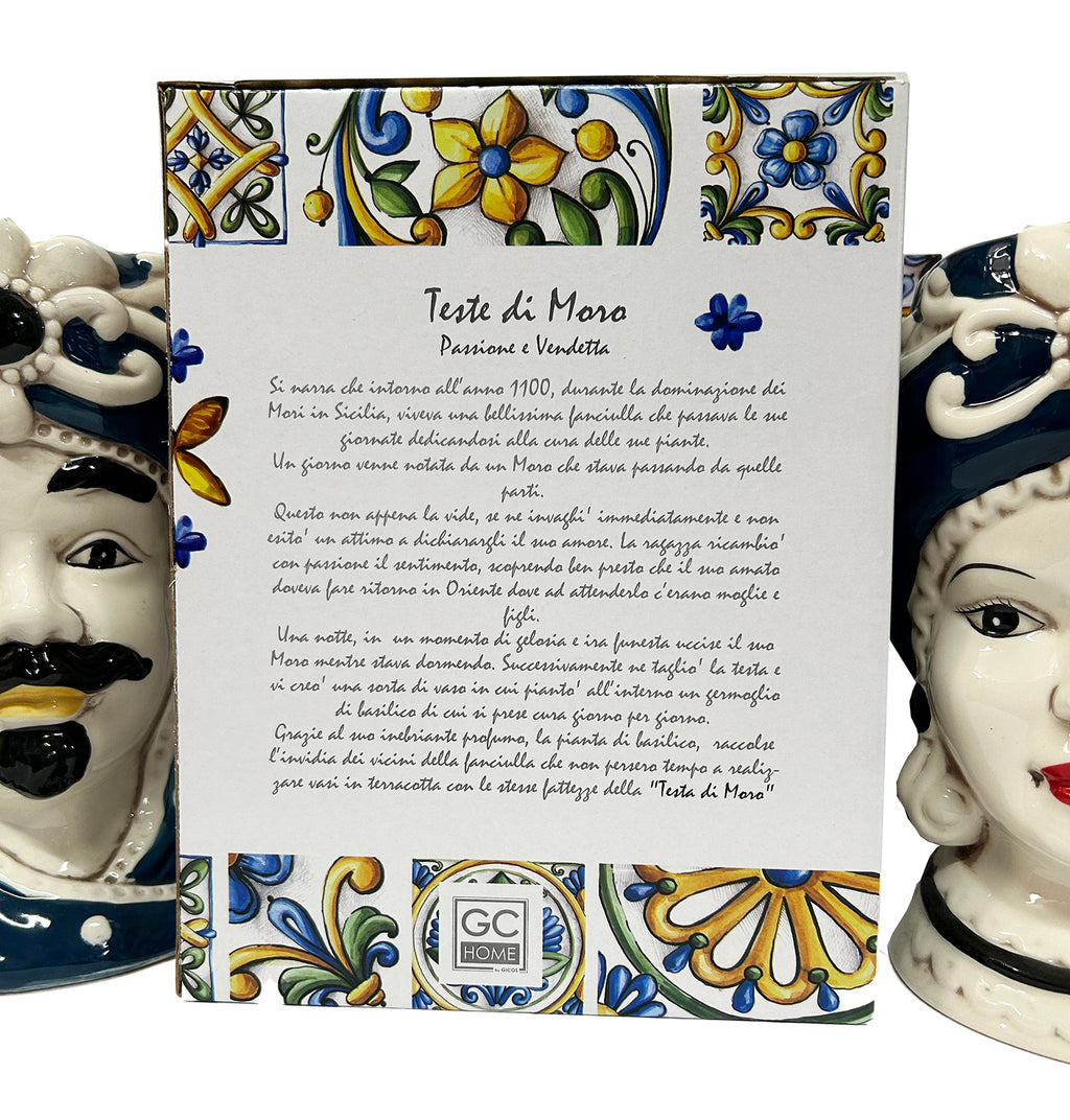 ILAB Pair of Moorish Heads Queen and King in Sicilian Ceramic Hand Decorated Blue and Gold Modern gic h25cm 