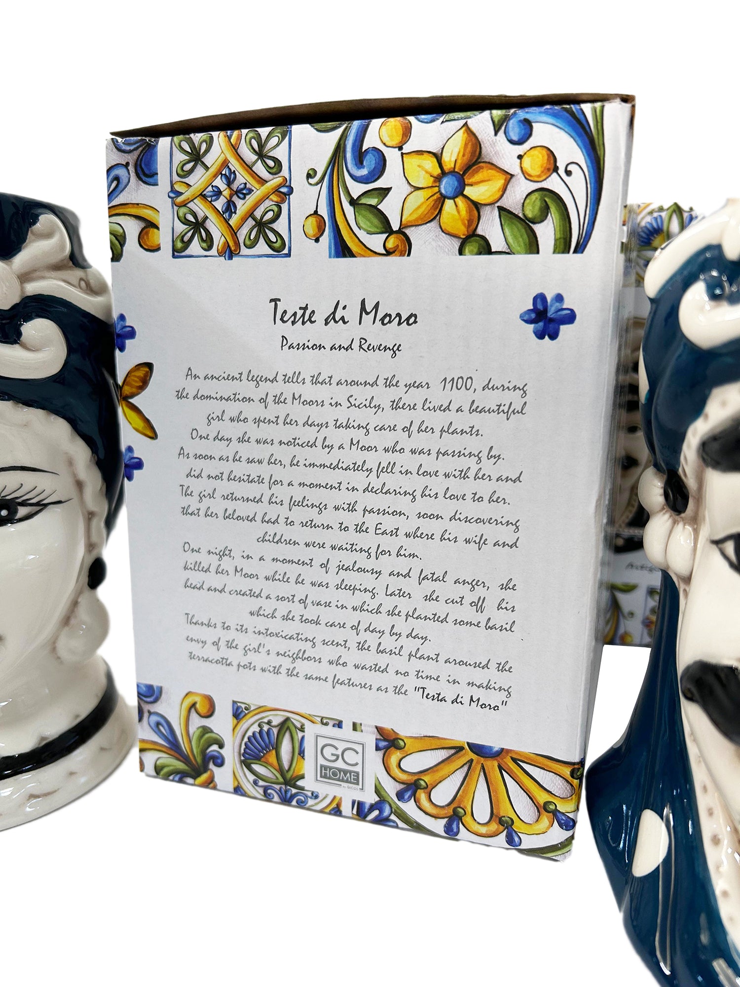 ILAB Pair of Moorish Heads Queen and King in Sicilian Ceramic Hand Decorated Blue and Gold Modern gic h25cm 