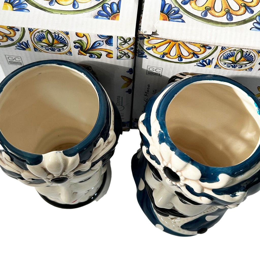 Coppia teste di moro regina e re in ceramica decorata stile siciliano vasi moderni gic (12 X H 18 CM, Blu)