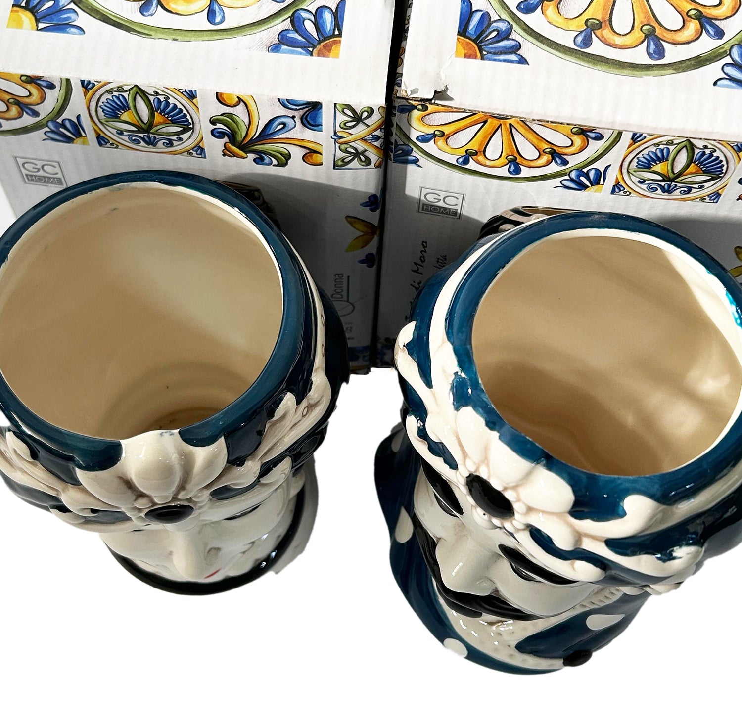 ILAB Pair of Moorish Heads Queen and King in Sicilian Ceramic Hand Decorated Blue and Gold Modern gic h25cm 