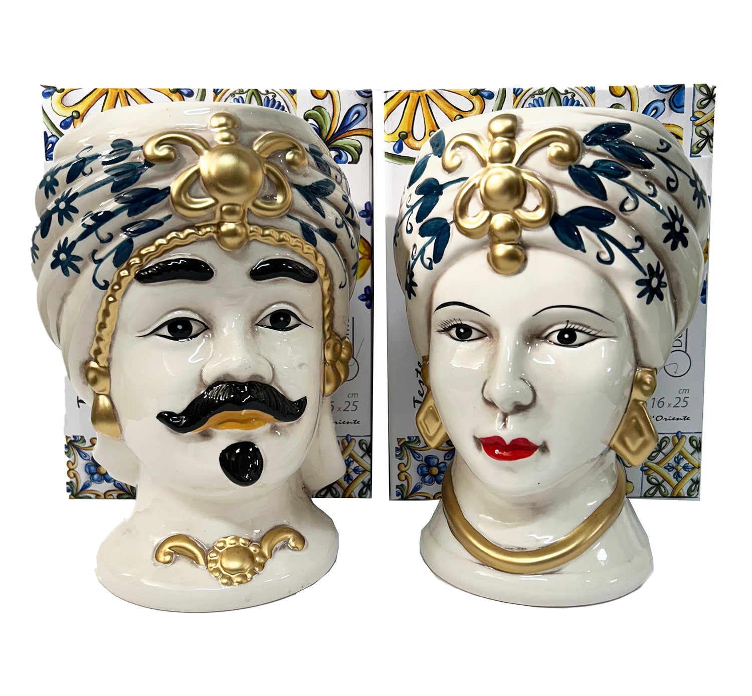 ILAB Pair of Moorish Heads Queen and King in Sicilian Ceramic Hand Decorated Blue and Gold Modern gic h25cm 