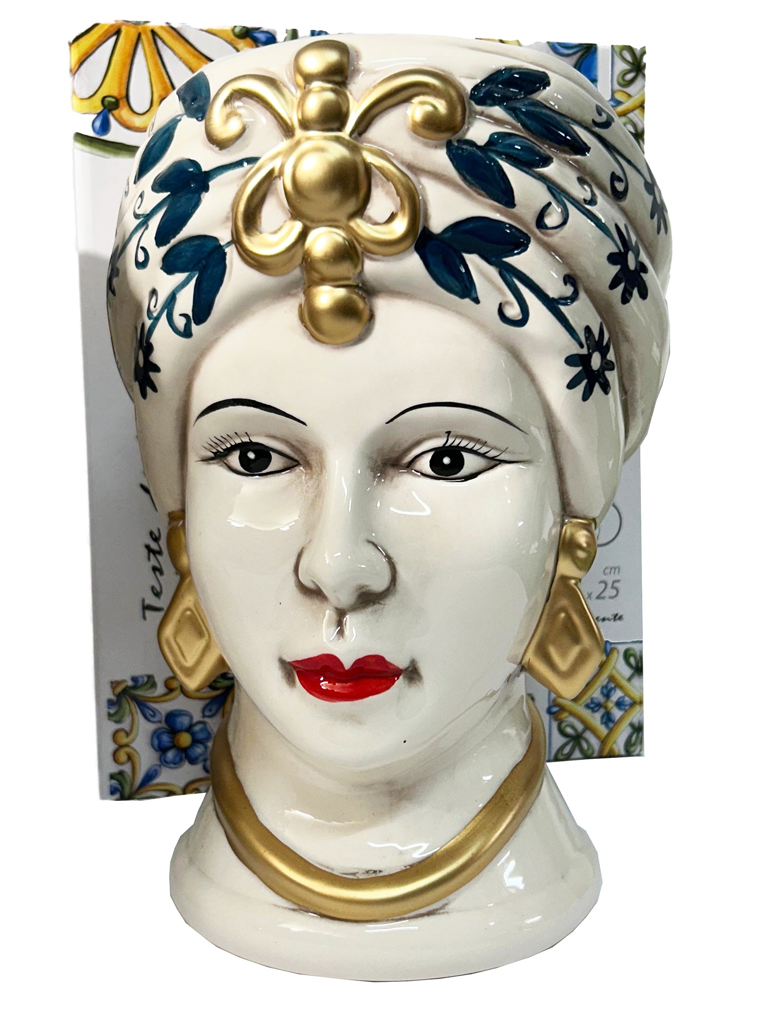 ILAB Pair of Moorish Heads Queen and King in Sicilian Ceramic Hand Decorated Blue and Gold Modern gic h25cm 