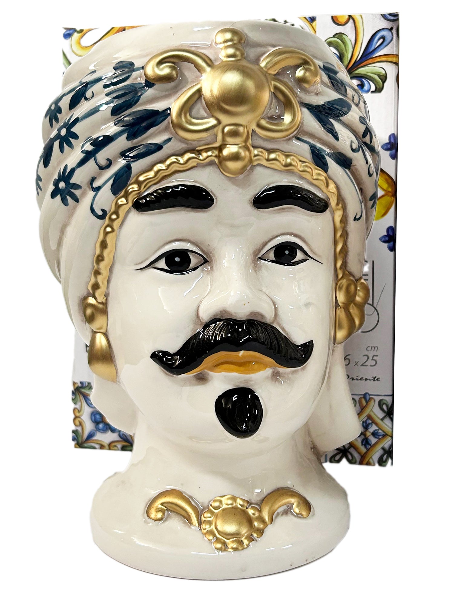 ILAB Pair of Moorish Heads Queen and King in Sicilian Ceramic Hand Decorated Blue and Gold Modern gic h25cm 