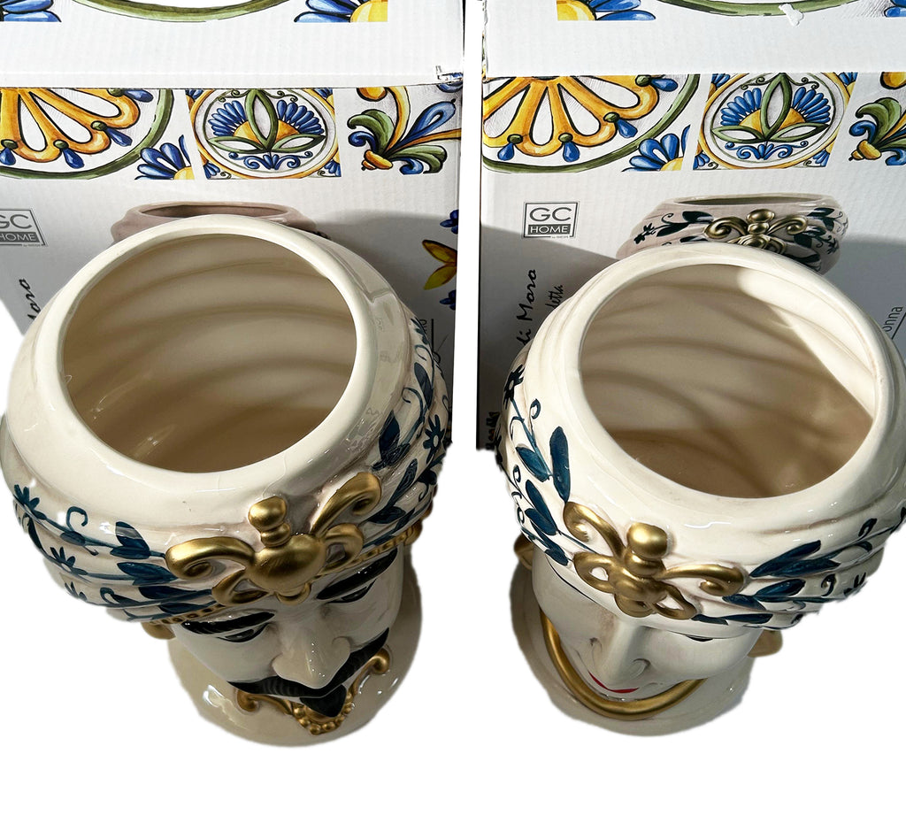 ILAB Pair of Moorish Heads Queen and King in Sicilian Ceramic Hand Decorated Blue and Gold Modern gic h25cm 