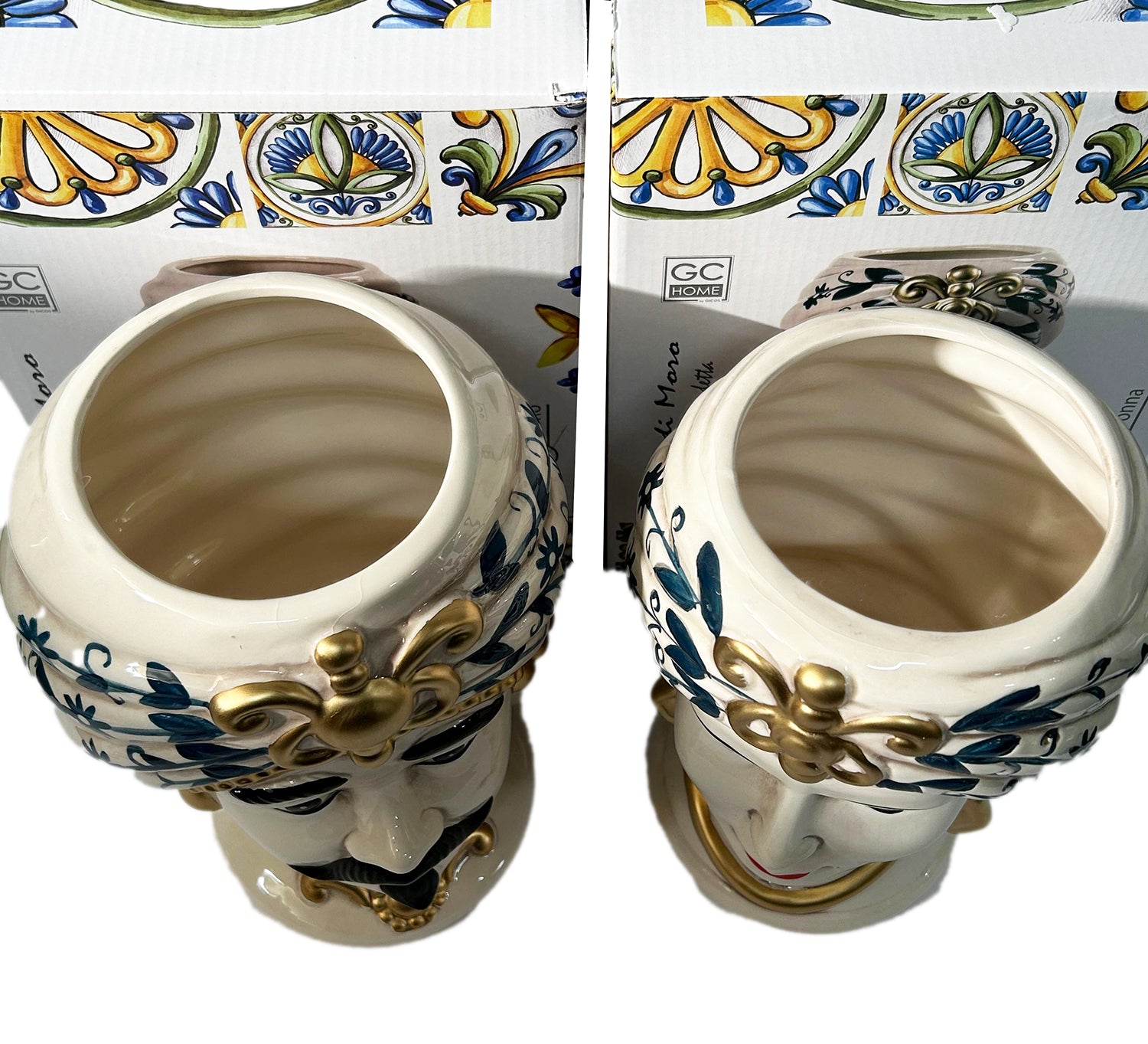 ILAB Pair of Moorish Heads Queen and King in Sicilian Ceramic Hand Decorated Blue and Gold Modern gic h25cm 