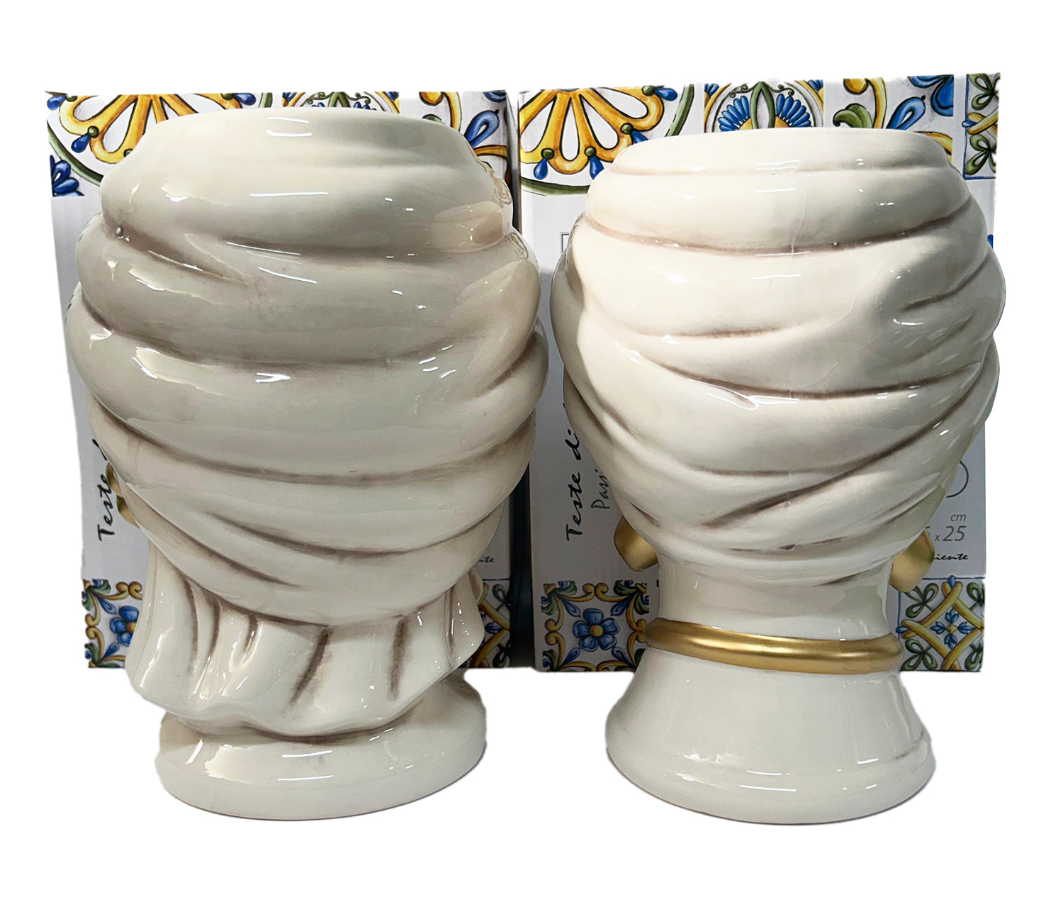 ILAB Pair of Moorish Heads Queen and King in Sicilian Ceramic Hand Decorated Blue and Gold Modern gic h25cm 