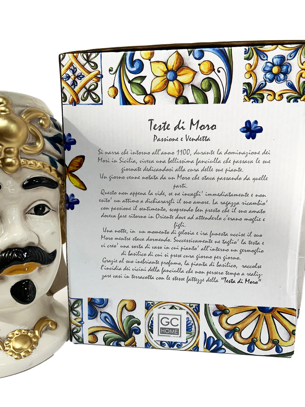 ILAB Pair of Moorish Heads Queen and King in Sicilian Ceramic Hand Decorated Blue and Gold Modern gic h25cm 
