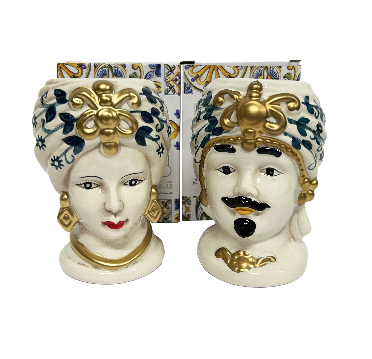 ILAB Pair of Moorish Heads Queen and King in Sicilian Ceramic Hand Decorated Blue and Gold Modern gic h25cm 