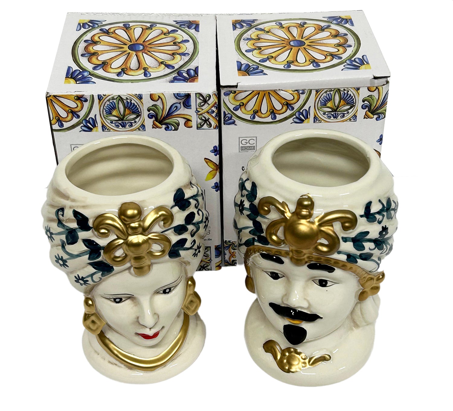 ILAB Pair of Moorish Heads Queen and King in Sicilian Ceramic Hand Decorated Blue and Gold Modern gic h25cm 